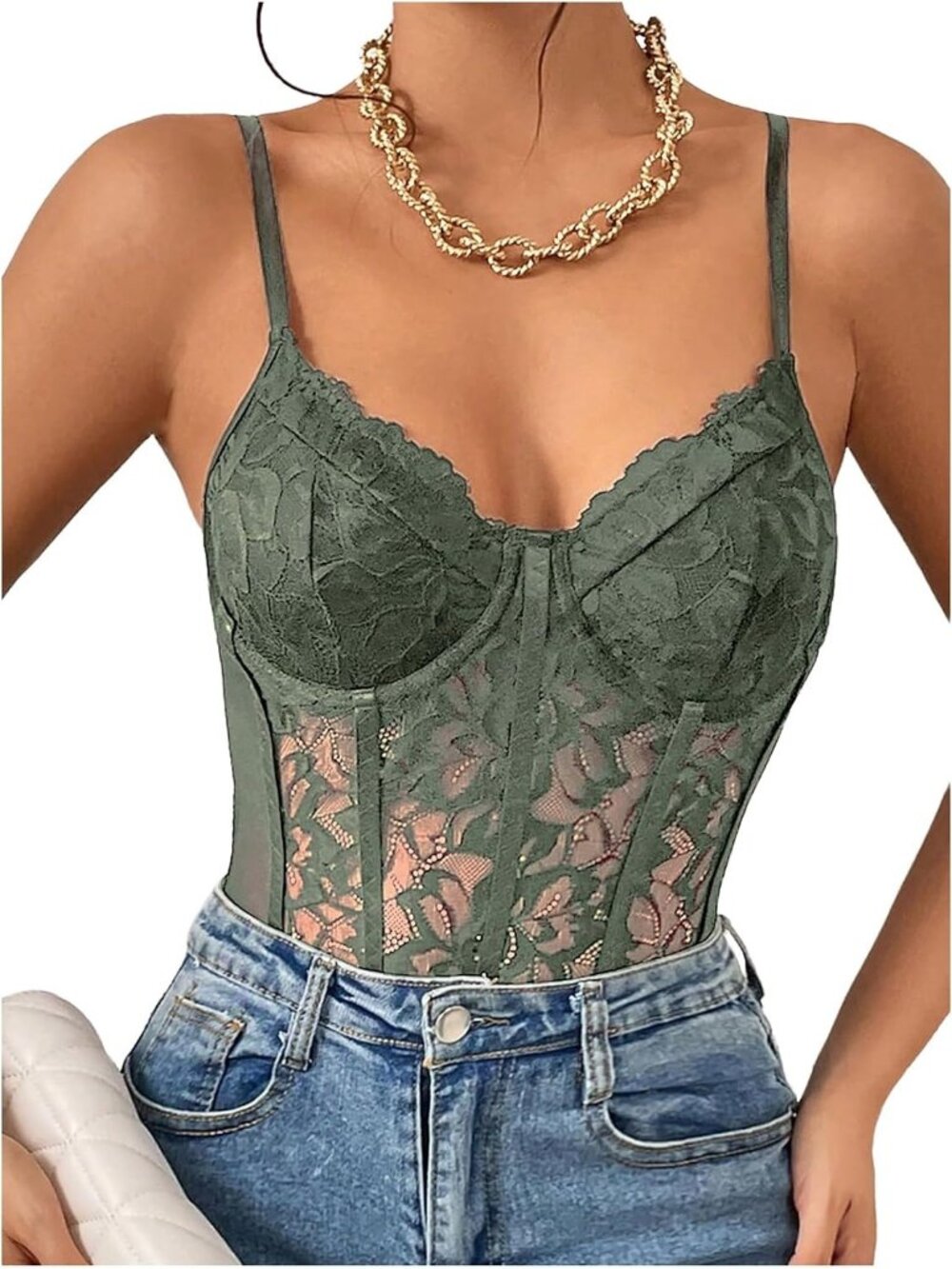 Women's Olive Underwire Sheer Mesh Bustier Spaghetti Bodysuit Lace Corset Top